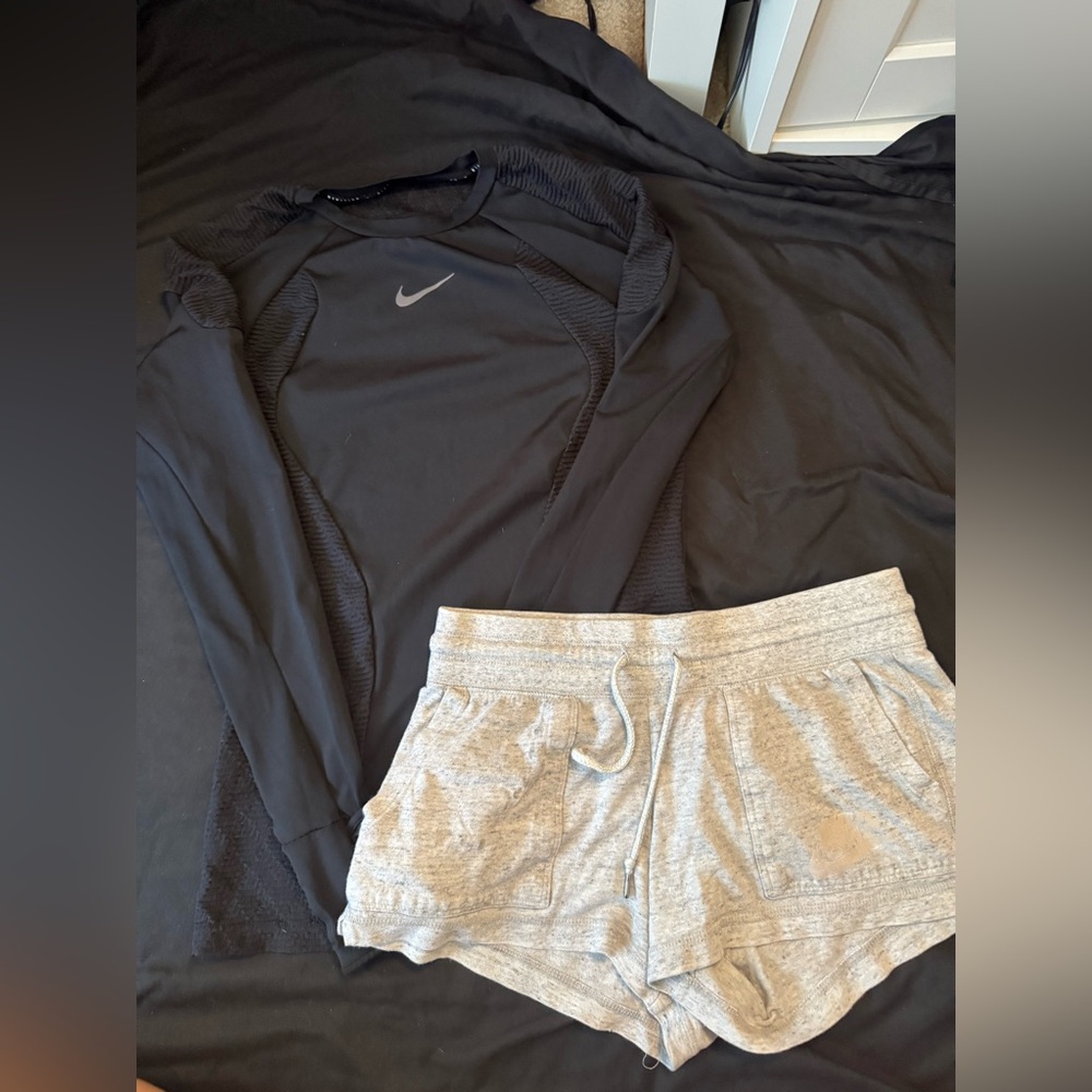 Nike Women's Black Athletic Top with Light Gray Shorts